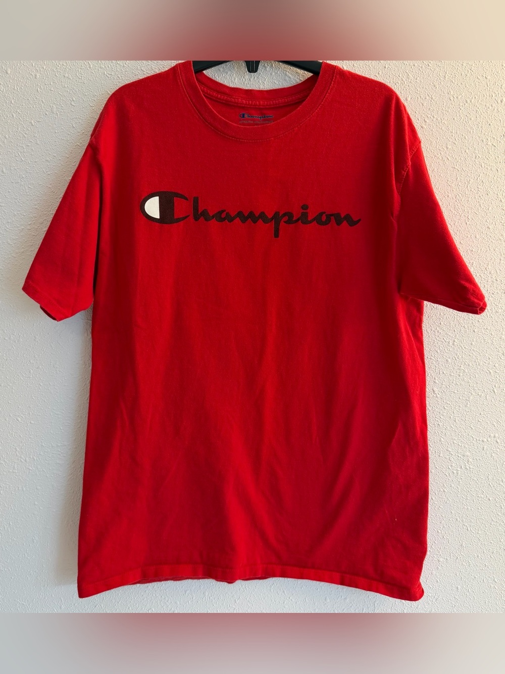 Champion Red Tee with Black Script Logo